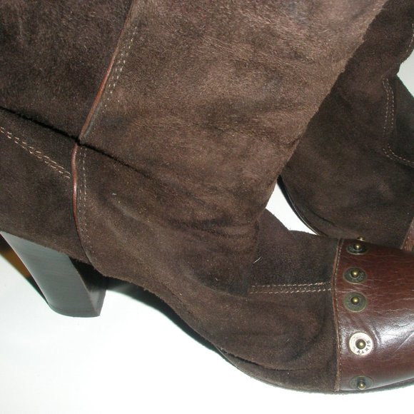 Miss Sixty 2004-05 38M Tall Brown Suede Grommet Embellished Stacked Heel Boots - Picture 7 of 14